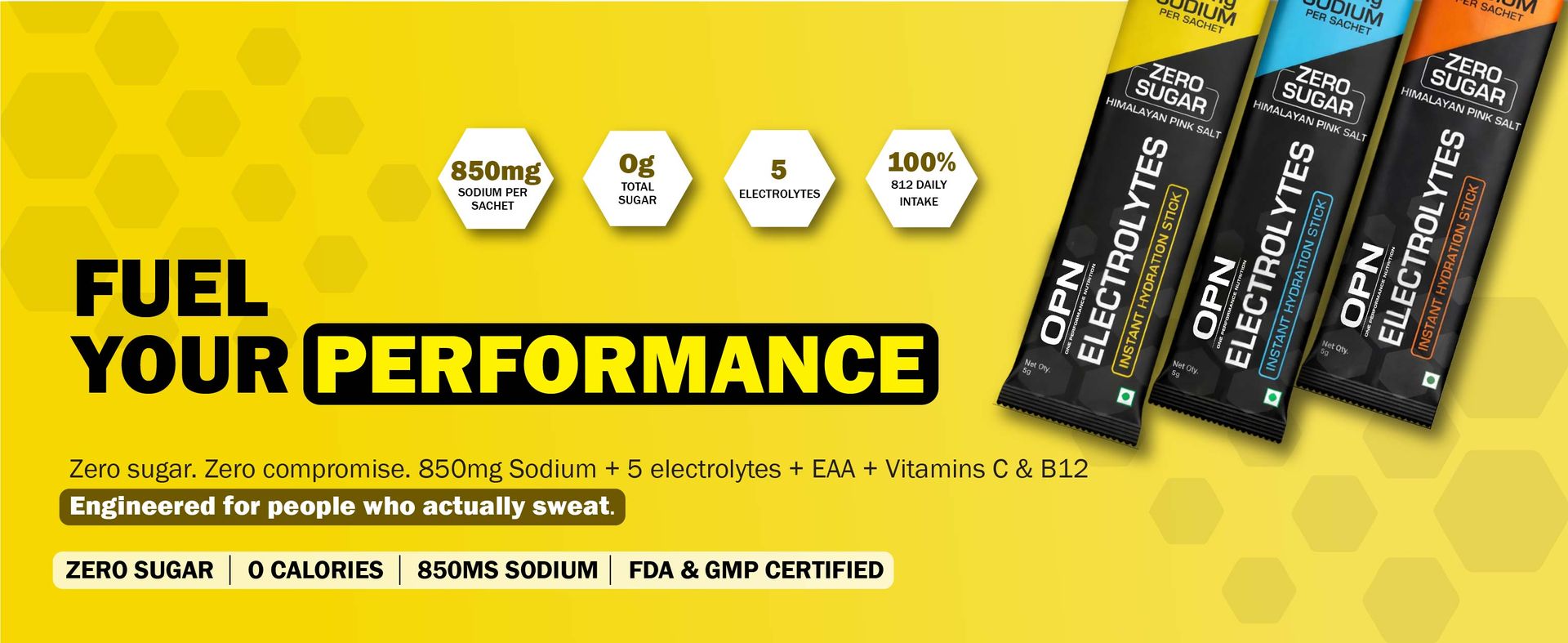 OPN Electrolytes Assorted Flavours | Orange + Lemon + Blueberry 850mg Sodium | Zero Sugar | Vitamin C, B12 + EAA | (Pack of 1) 12 Sachets