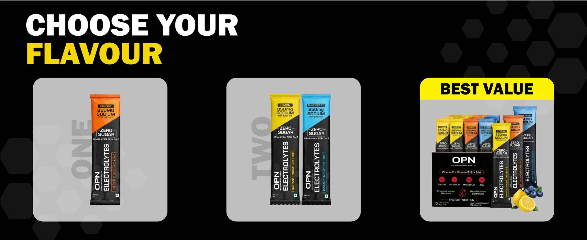 OPN Electrolytes Assorted Flavours | Orange + Lemon + Blueberry 850mg Sodium | Zero Sugar | Vitamin C, B12 + EAA | (Pack of 1) 12 Sachets