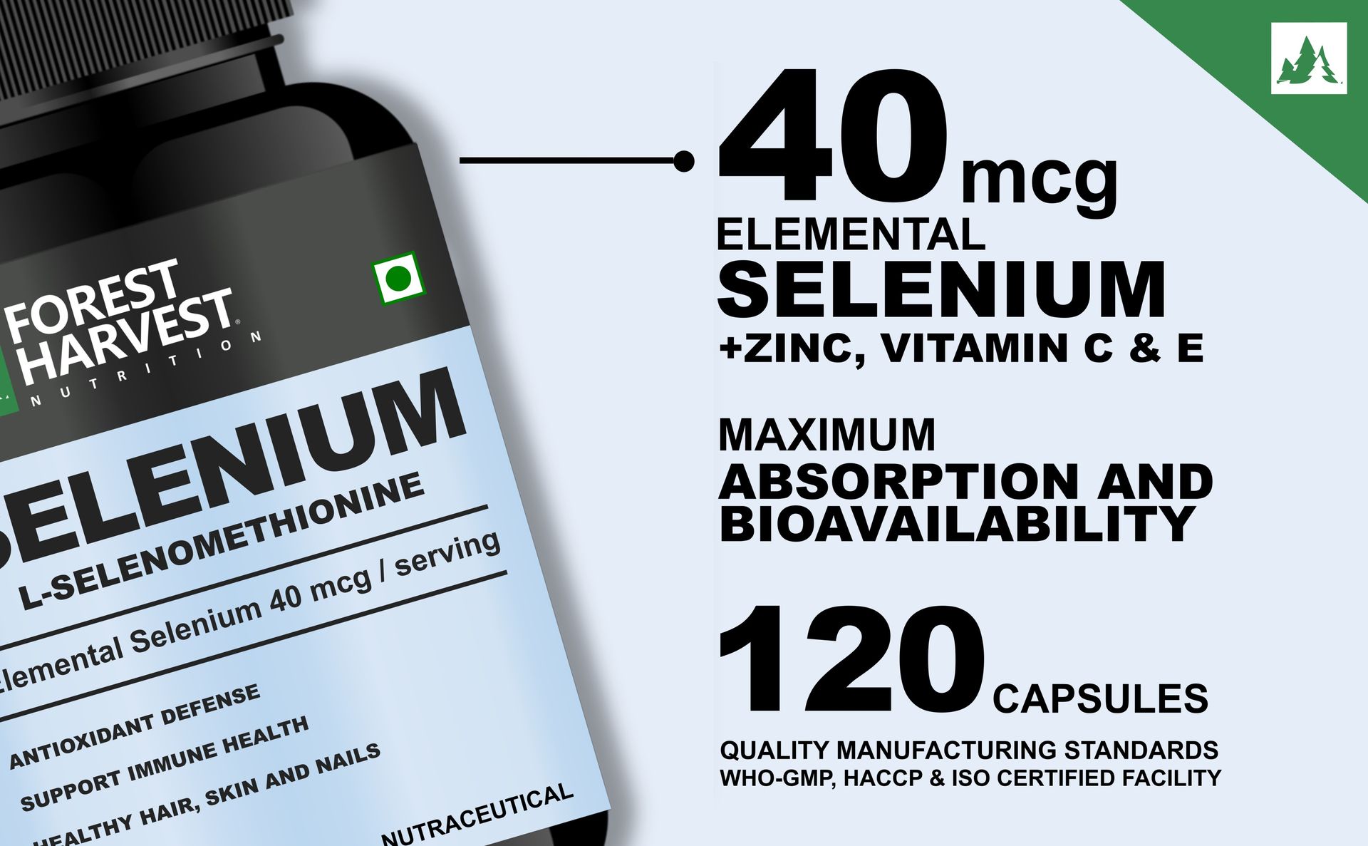 Selenium with Zinc, Vitamin C & Vitamin E | 40mcg Elemental Selenium | 120 Capsules | Antioxidant, Immunity & Skin Health Support | WHO-GMP, HACCP, ISO Certified