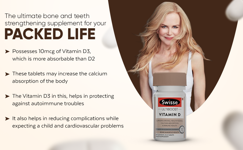 Swisse Vitamin D - 100% RDA of Vitamin D3 (Manufactured In Australia, Internationally Proven Formula) High Absorption Vitamin D3 For Healthy Bones, Immunity & Strong Muscles (90 Tablets)