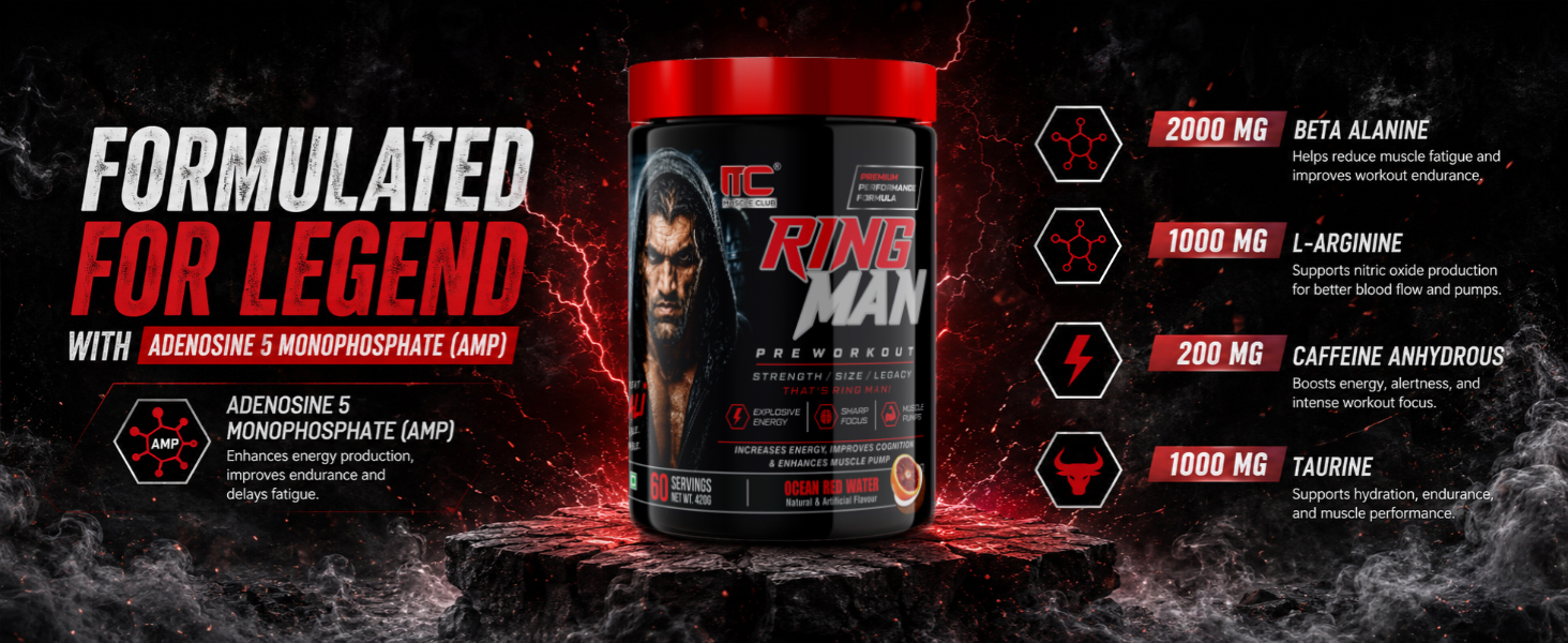 Muscle Club Ring Man Pre Workout Redbull Flavour | AMP Powered | By The Great Khali | High Stim Pre workout with 2000mg Beta-Alanine & 200mg Caffeine | Energy & Focus Booster