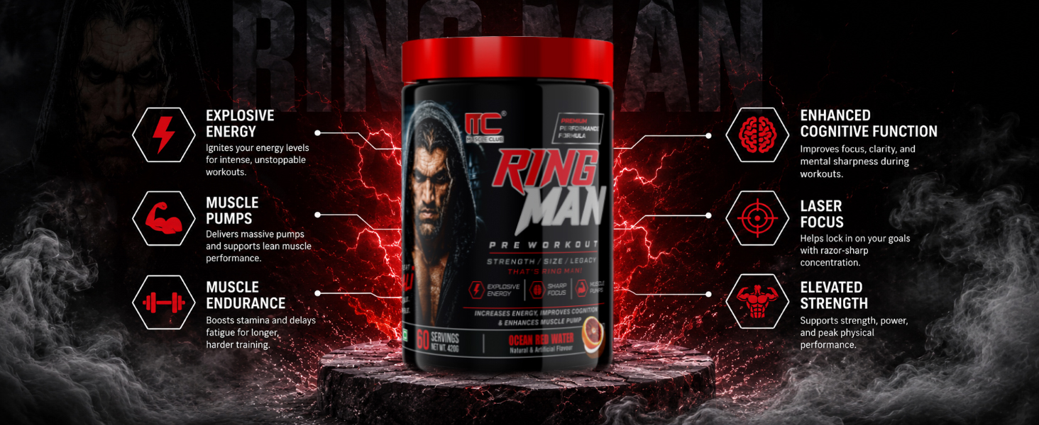 Muscle Club Ring Man Pre Workout Redbull Flavour | AMP Powered | By The Great Khali | High Stim Pre workout with 2000mg Beta-Alanine & 200mg Caffeine | Energy & Focus Booster