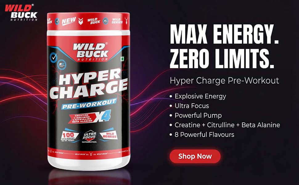 Wild Buck Hyper Charge Pre-X4 Hardcore Pre-Workout Supplement with Creatine Monohydrate, Arginine AAKG, Beta-Alanine & Muscle Pump Formula | Caffeinated Punch for Explosive Energy, Focus & Strength [100 Servings, Wild Berries]