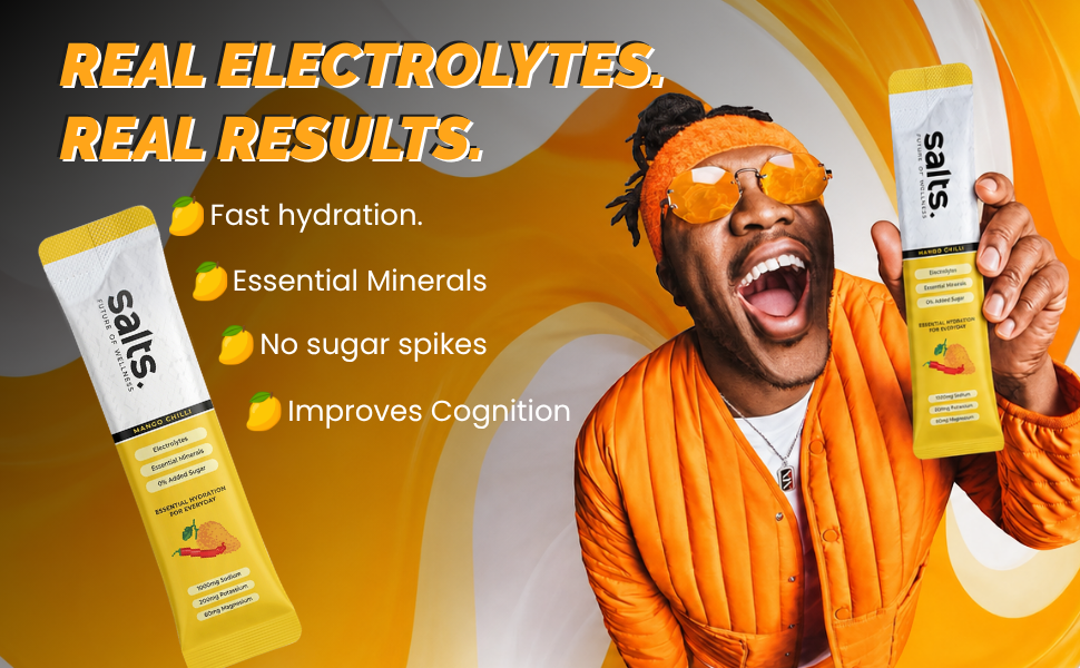 Salts Electrolyte Powder, 15 Sachet with Zero Sugar, Electrolytes Hydration Mix Drink for Summer Heat, Workout Recovery and Travel, Keto and Vegan Friendly, (Mango Chilli)