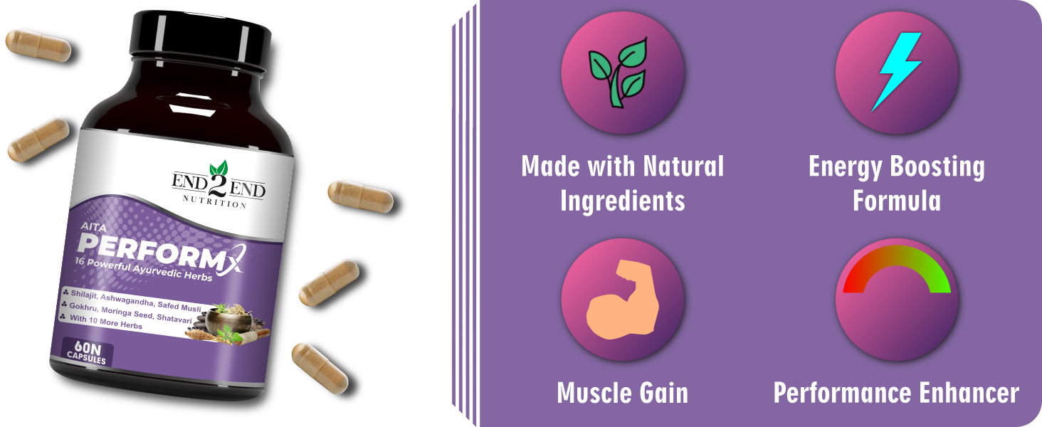 End2End Nutrition PerformX Natural Testosterone Booster for Men made with Pure Shilajt/Shilajeet, Gokhru, Ashwagandha, Safed Musli for Muscle Gain, Strength and Stamina β 30 Capsules