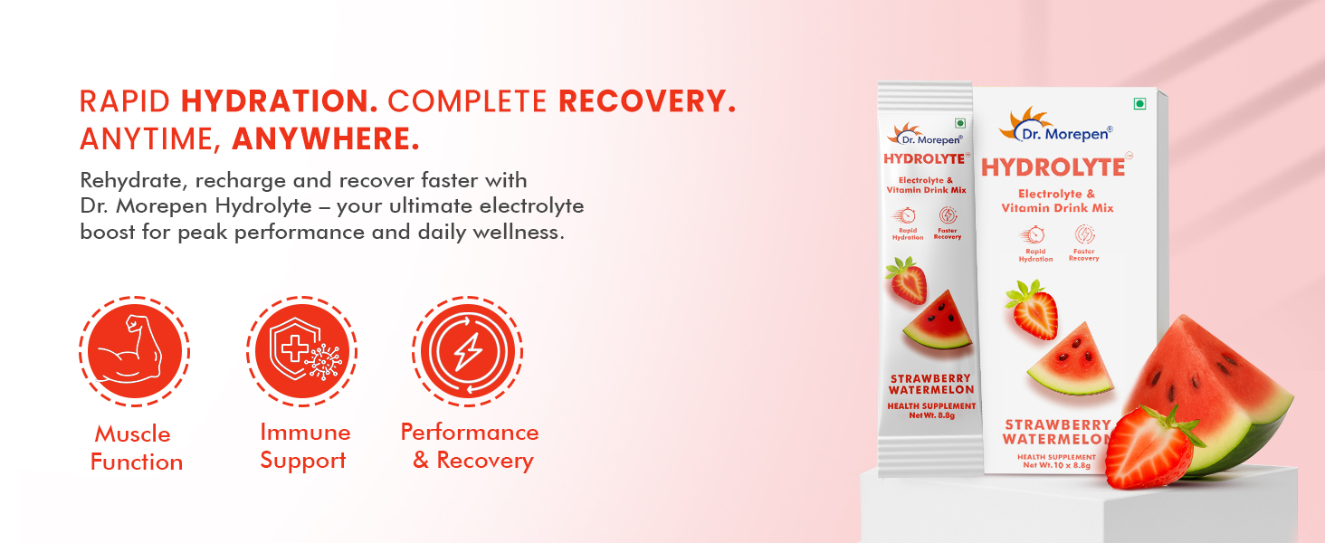 Dr. Morepen Hydrolyte Electrolyte & Vitamin Drink Mix for Rapid Hydration & Faster Recovery, Strawberry Watermelon Flavour – 10 Sachets (8.8g Each)
