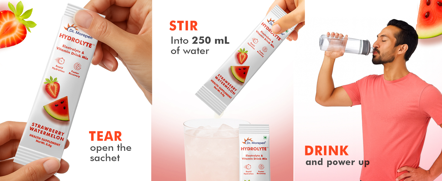 Dr. Morepen Hydrolyte Electrolyte & Vitamin Drink Mix for Rapid Hydration & Faster Recovery, Strawberry Watermelon Flavour – 10 Sachets (8.8g Each)