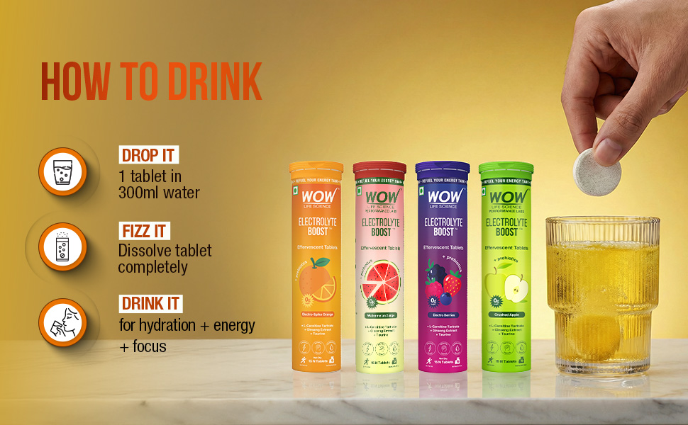 WOW Life Science Electrolyte Boost Effervescent Tablets | Zero Sugar Hydration + Clean Energy | Electrolytes with Prebiotics, L-Carnitine, Ginseng & Taurine | Great Tasting Drink Tablets | Gren Apple | 15 Tablets (Pack of 1)