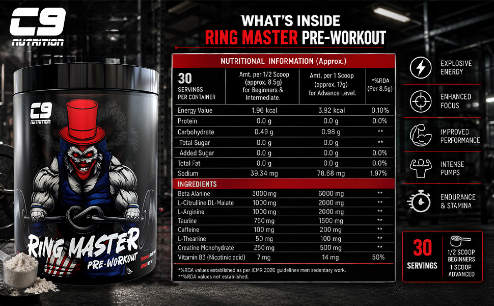 C9 Nutrition Ring Master Pre Workout Powder for Men & Women | 30 Servings | 255gm | Blueberry Flavor | 3000mg Beta Alanine, Citrulline Malate, Taurine & Creatine | High Energy, Pump, Strength & Focus