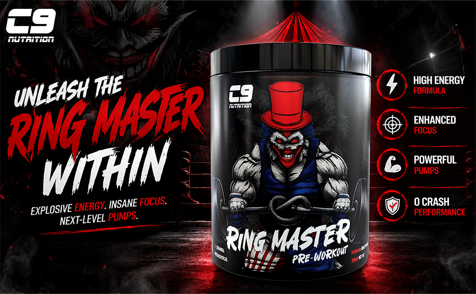 C9 Nutrition Ring Master Pre Workout Powder for Men & Women | 30 Servings | 255gm | Blueberry Flavor | 3000mg Beta Alanine, Citrulline Malate, Taurine & Creatine | High Energy, Pump, Strength & Focus