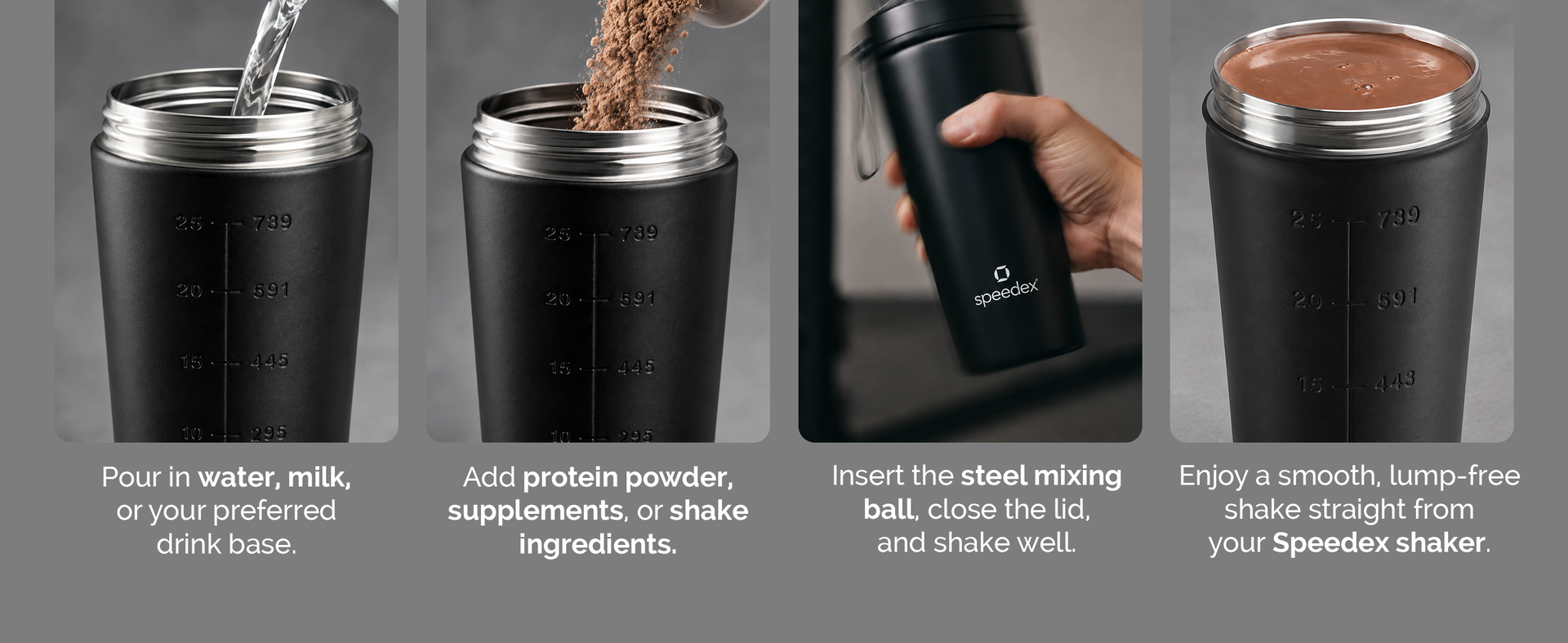 Speedex Stainless Steel Gym Shaker Bottle 750ml with Mixing Ball & Towel for Men & Women | Leakproof Protein Metal Shaker for Gym, Wide Mouth, Measurement Markings, Carry Loop Flip Cap – Black