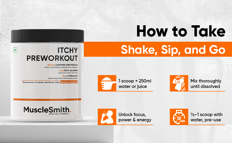 MuscleSmith Itchy Pre Workout Powder for Men & Women | With Caffeine, Beta-Alanine & L-Citrulline | Gym Energy, Focus & Training Support | No Added Sugar | 300g, 28 Servings | Watermelon Splash