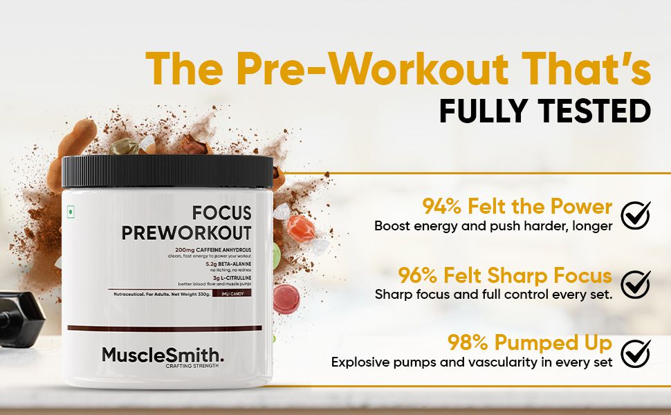 MuscleSmith Focus Pre Workout Powder| 200mg Caffeine, 5.2g Beta Alanine, 3g L-Citrulline, Choline & Taurine | Energy, Focus & Muscle Pump for Men & Women |Magical Mango | 30 Servings [11g Per Scoop]