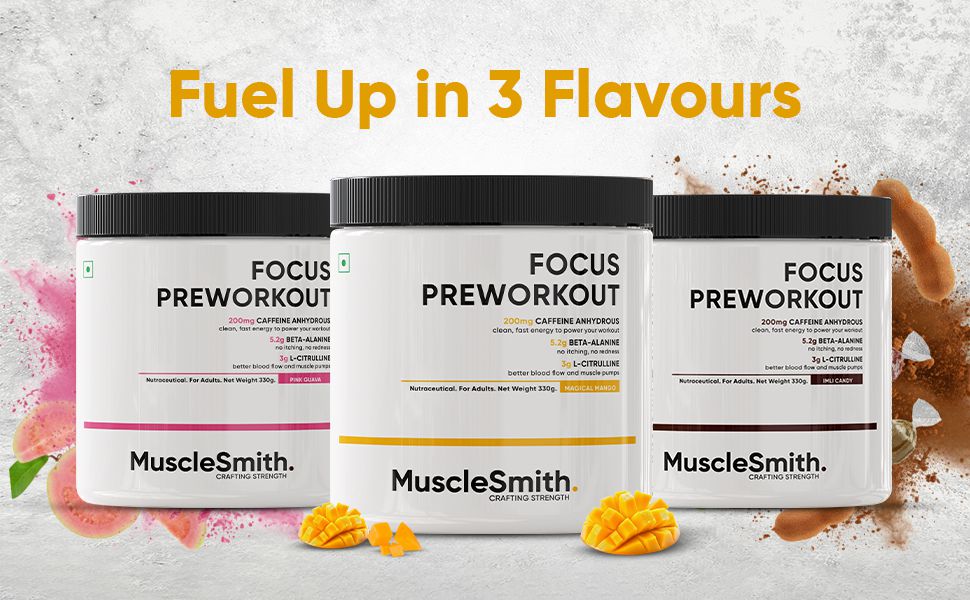 MuscleSmith Focus Pre Workout Powder| 200mg Caffeine, 5.2g Beta Alanine, 3g L-Citrulline, Choline & Taurine | Energy, Focus & Muscle Pump for Men & Women |Magical Mango | 30 Servings [11g Per Scoop]