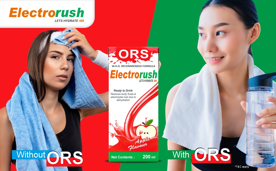 Electrorush ORS Ready to drink | WHO Recommended Formula | Apple Flavour, Pack of 10(200 ml each)