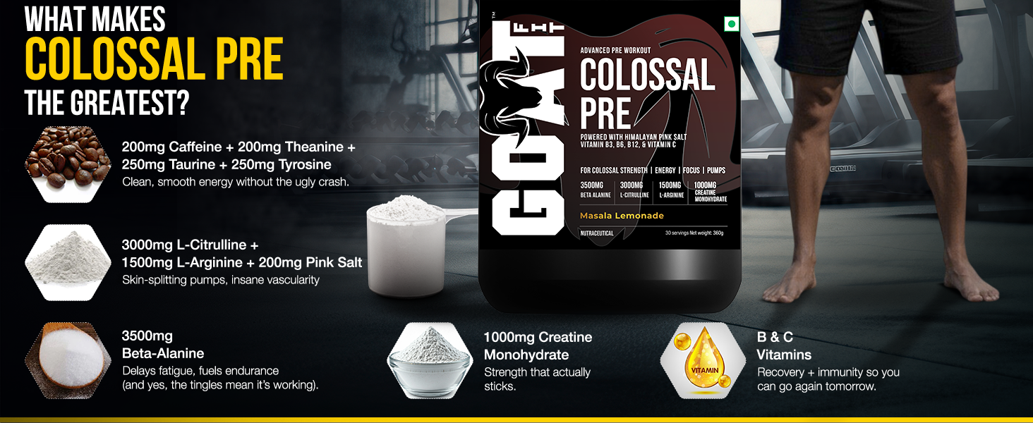 GOAT Fit Colossal Pre | PreWorkout Powder 200mg Caffeine 4g Beta-Alanine 3g Citrulline 1.5g Arginine 1g Creatine with Himalayan Pink Salt (180g - 15 servings, Kala Khatta)