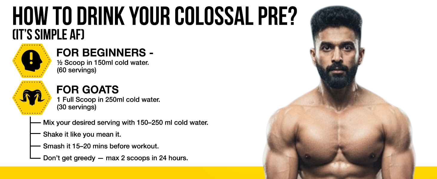 GOAT Fit Colossal Pre | PreWorkout Powder 200mg Caffeine 4g Beta-Alanine 3g Citrulline 1.5g Arginine 1g Creatine with Himalayan Pink Salt (180g - 15 servings, Kala Khatta)