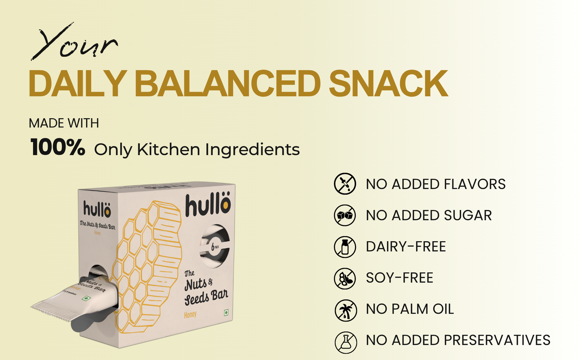 Hullo Nuts & Seeds Bar - Honey (6 x 30g Pack) | Dairy Free, Nutrient Rich & Balanced Snack Bars for Kids & Adults | Nutrition Bars No Added Sugar & No Preservatives