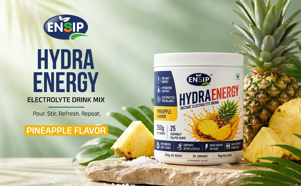 Hydra Energy Instant Pineapple Flavour Electrolyte Drink Mix 250g | 25 Servings | Vitamin C & Electrolyte Blend | Refreshing Hydration Drink Powder for Daily Use, Travel, Fitness & Work
