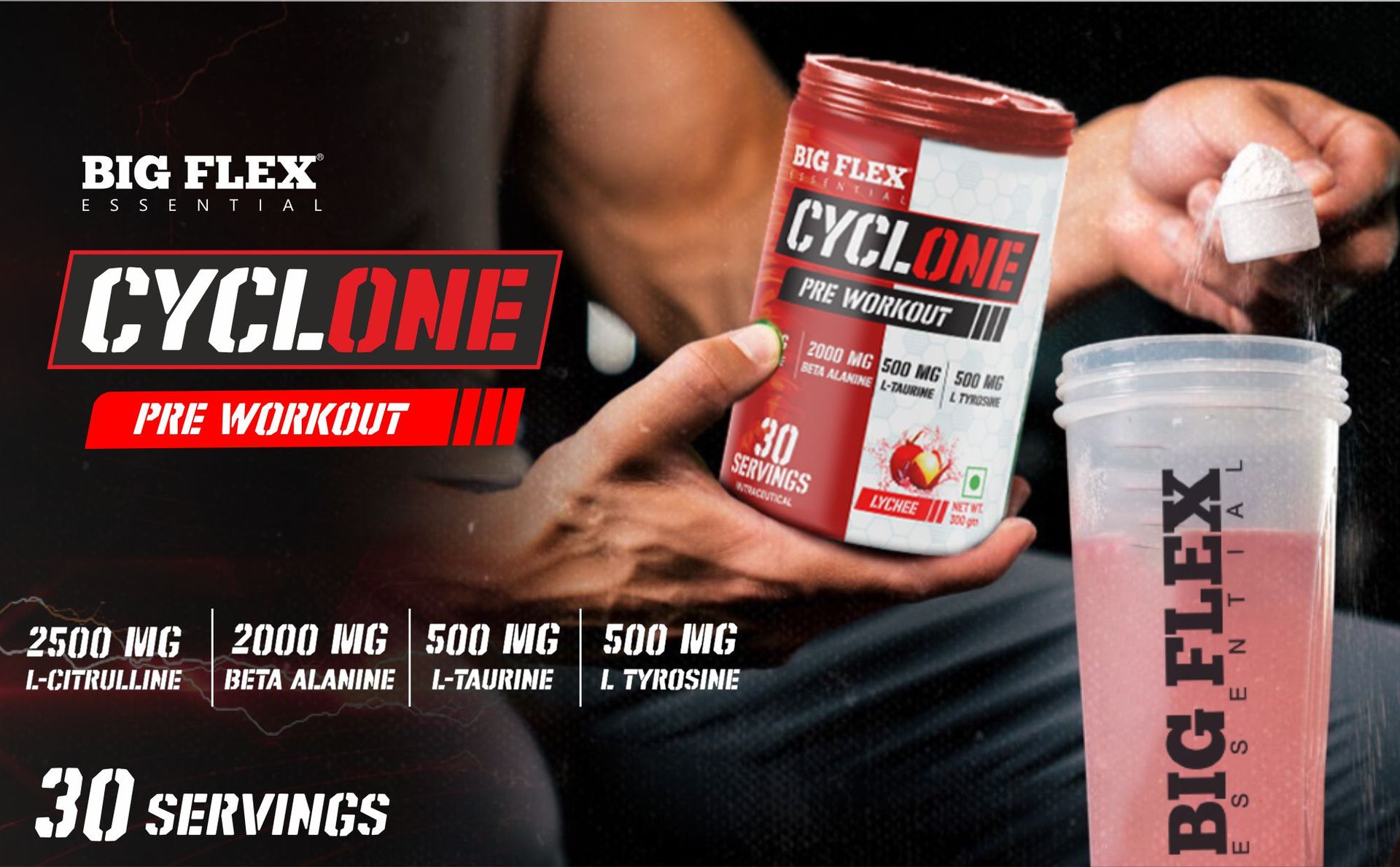 Bigflex Essential Cyclone Pre Workout Powder with L-Citruline, Beta Alanine, Taurine, Caffeine for Energy, Endurance, Strength and Focus, Green Apple and Orange Flavor, 300g, 30 Servings