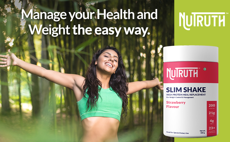 High Protein Meal Replacement Strawberry Flavoured Slim Shake | 21 Gm Protein/Serving | Weight Control & Management Protein Shake (500 Gm)