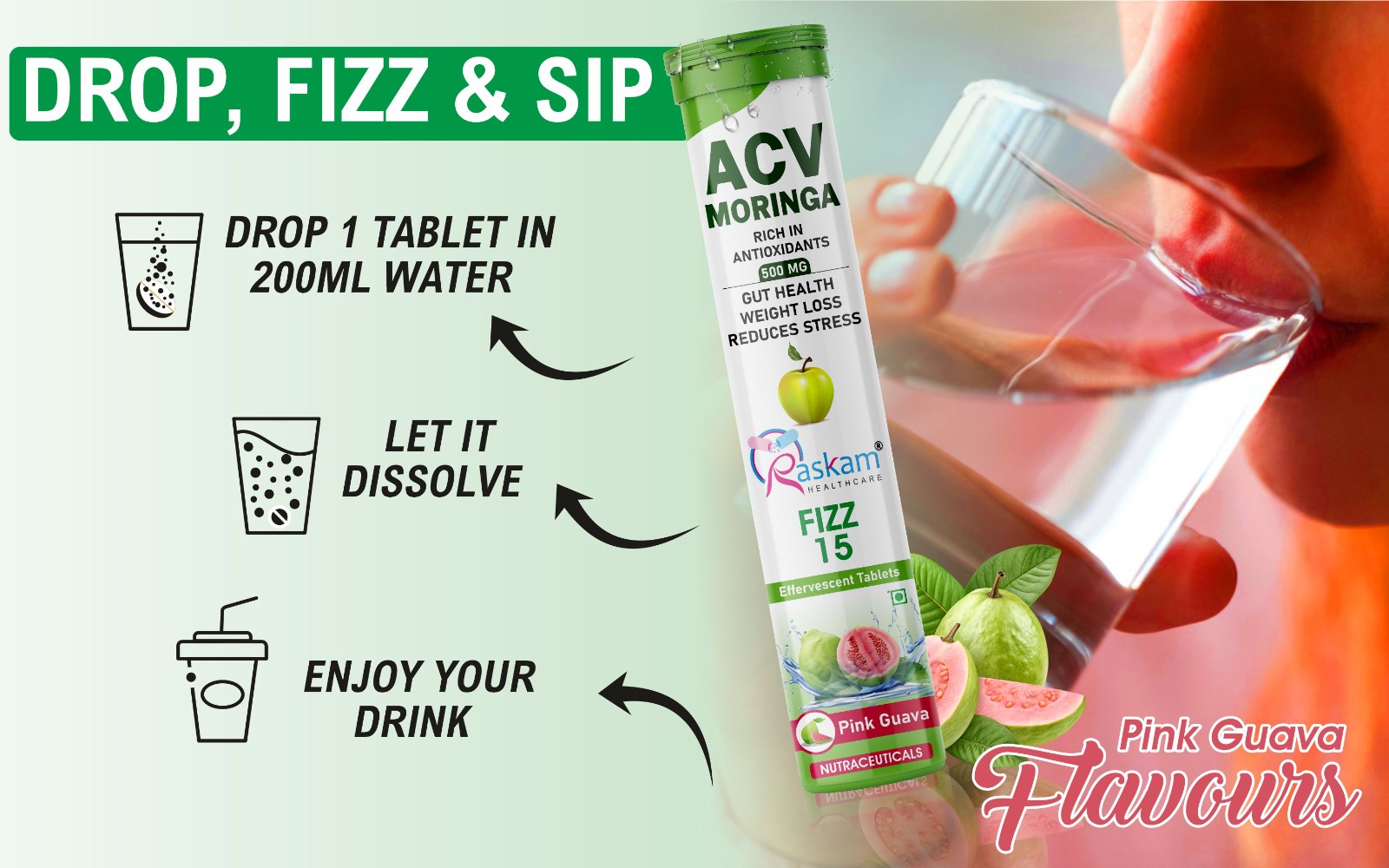 Apple Cider Vinegar (ACV) Moringa Effervescent Tablets 500mg – Guava Flavor, No Added Sugar, Antioxidant Immunity & Appetite Support – 15 Fizz Tabs (Pack of 8)
