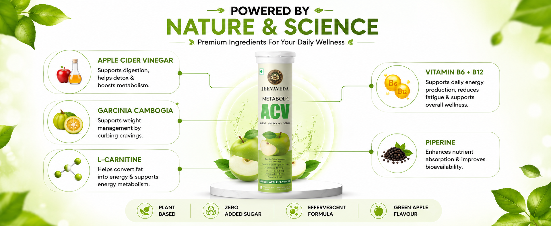 Metabolic Apple Cider Vinegar Effervescent Tablets – Green Apple Flavour | With Natural Extracts & Essential Vitamins | No Added Sugar, No Maltodextrin | Pack of 12 (15 Tablets Each)