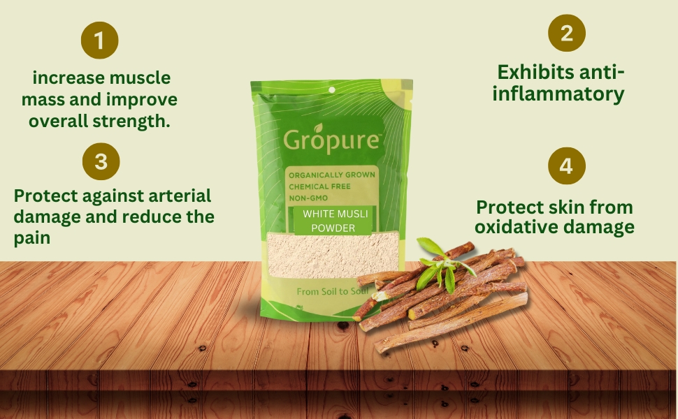 GroPure Organic Safed Musli Root Powder, White Musli, Ayurvedic Herb, 400g