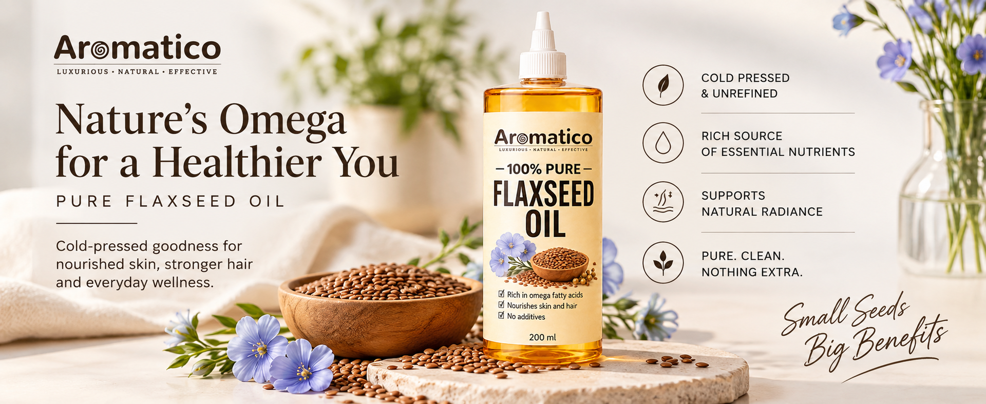 AROMATICO Flaxseed Oil for Skin, Hair, Scalp Massage & Lightweight DIY Beauty Care | Omega 3,6 & 9 Rich for Glowing Skin & Hair Growth - 200ml
