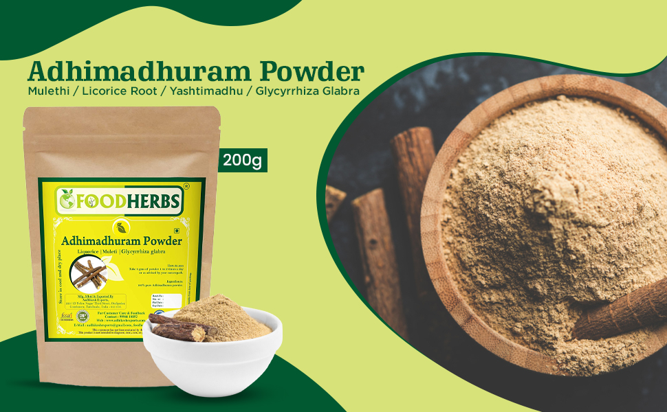 Foodherbs Adhimadhuram Powder | Mulethi | Pure Licorice Root | 200g | Helps in Cough, Cold & Sore Throat | Helps in Lightens Skin Tone | Helps with Scalp Infections | Wellness & Health Support