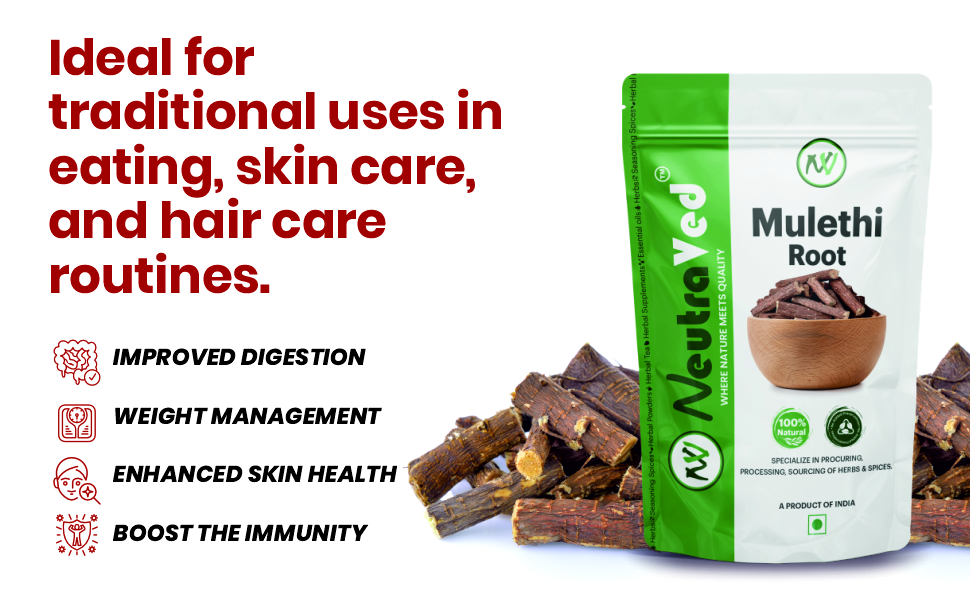 NeutraVed Mulethi Stick in Small Cut Size | Tea-Cut Licorice Root for Herbal Tea & Infusion | Not Powder or Whole Sticks | 150g