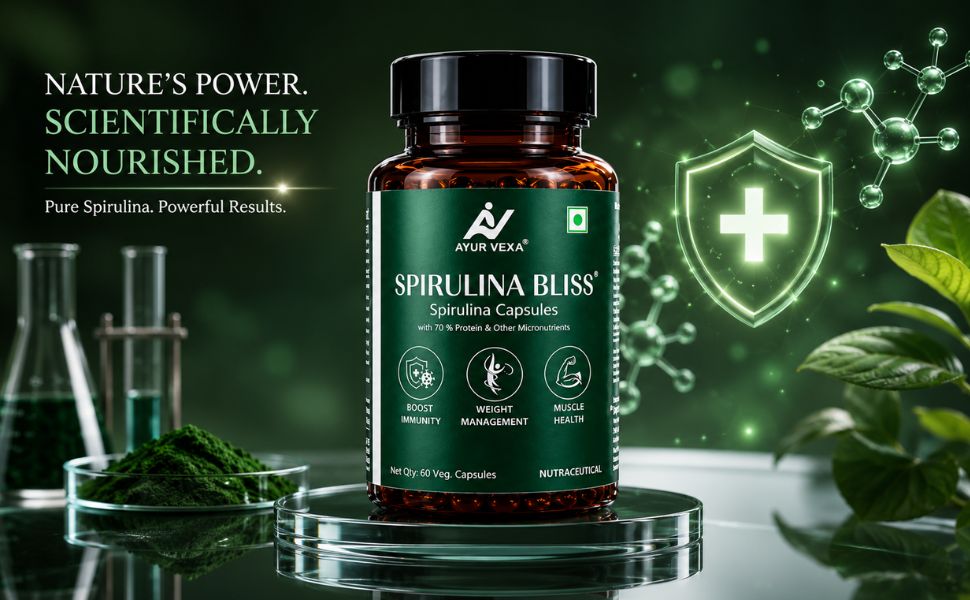 Spirulina Bliss | Certified 100% Organic Pure Spirulina 1000mg | 70% Plant Protein with Phycocyanin, Chlorophyll & Beta Carotene | Immunity, Energy & Detox | 60 Veg Capsules