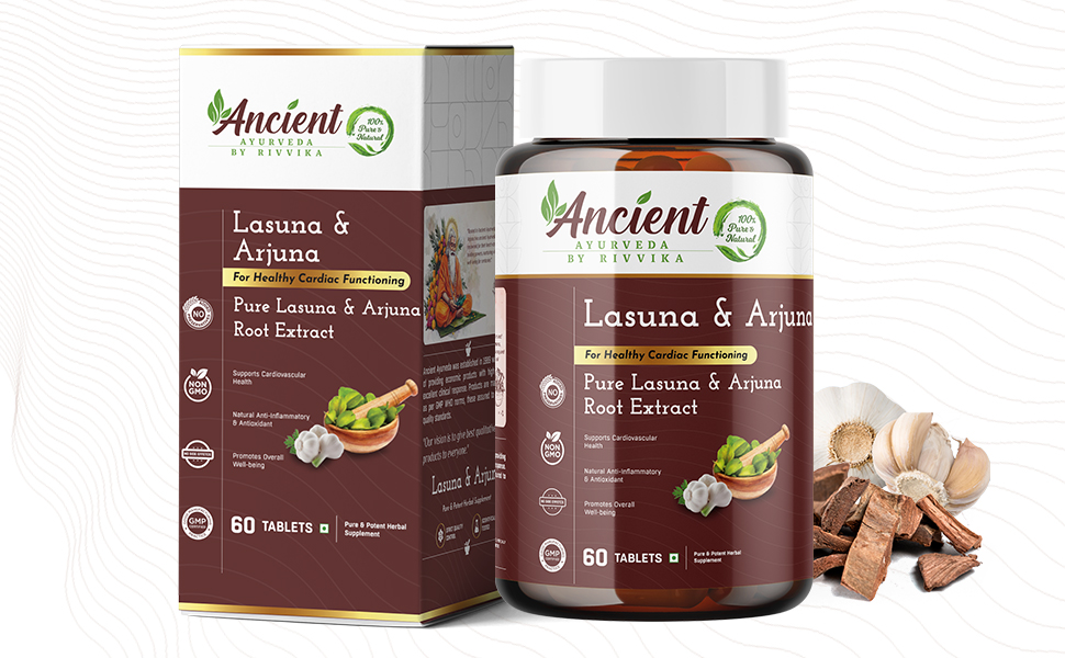 Lasuna (Allium sativum) & Arjuna (Terminalia arjuna) - For Healthy Heart Cardiac Wellness Cholesterol control - 60 Tablets, Vegetarian