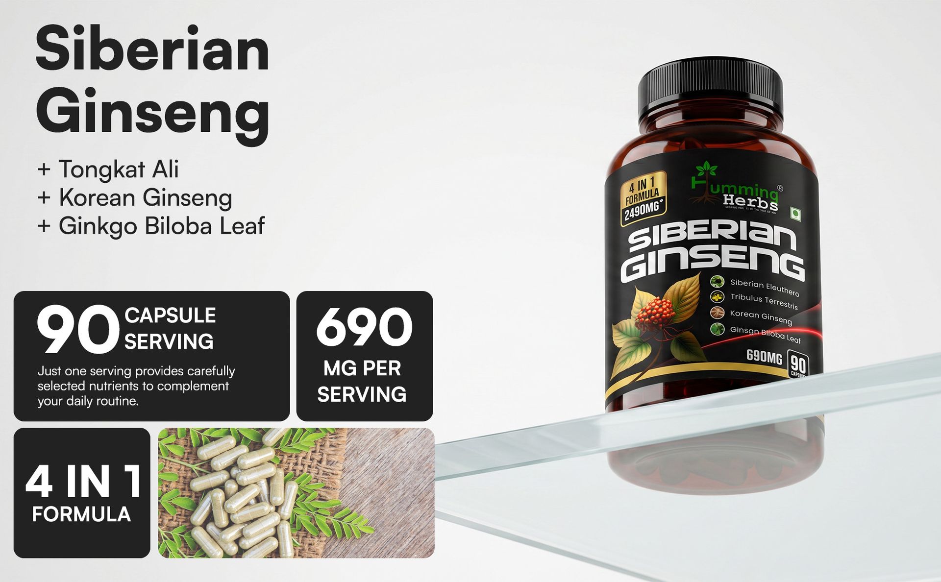Humming Herb Siberian Ginseng | Energy Boosting, Immune Supporting & Performance Enhancing | Includes Ginkgo Biloba Leaf, Tribulus Terrestris & Korean Eleuthero Root Extract Ginseng- 2490mg - 90 Cap