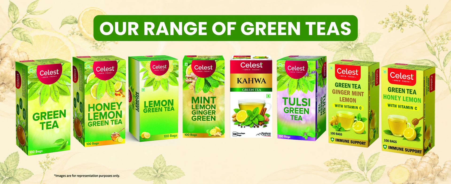 Celest Lemon and Honey Green Tea 100 Tea Bags | Immunity Support | Refreshing & Energizing | Pack of 4