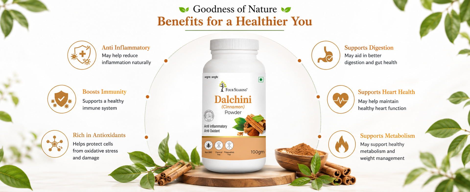 Four Seasons Pure Dalchini Powder (True Ceylon Cinnamon) – Natural Ayurvedic Herbal Powder for Blood Sugar & Digestion Support – Non-Cassia, Zero Preservatives – 100g Pack of 2