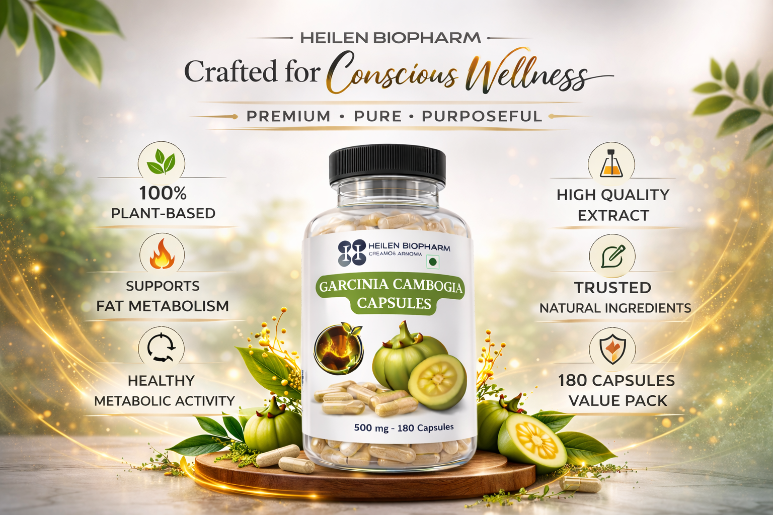 Heilen Biopharm Garcinia Cambogia Capsules, 100% Pure Extract, 500 mg, 180 Capsules, Plant-Based Wellness Supplement