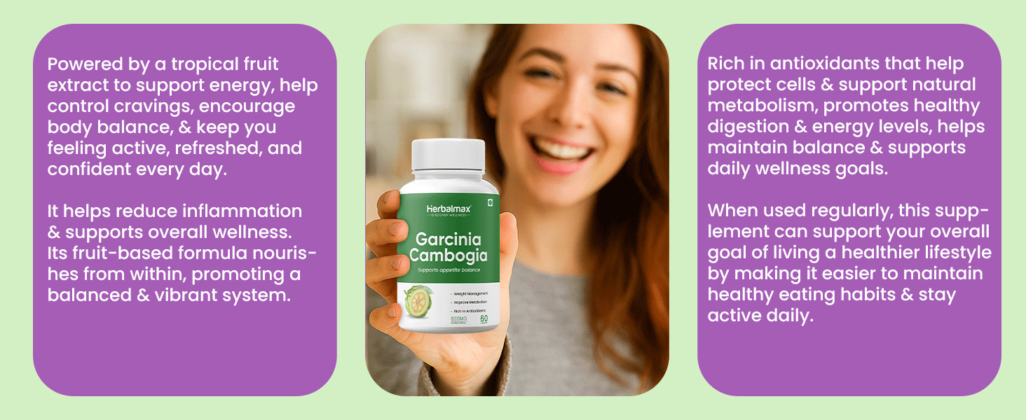 Herbal Max Garcinia Cambogia Capsules β 60 Veg Capsules | 60% HCA & Green Tea Extract | Supports Weight Management, Fat Burning, Digestion & Metabolism