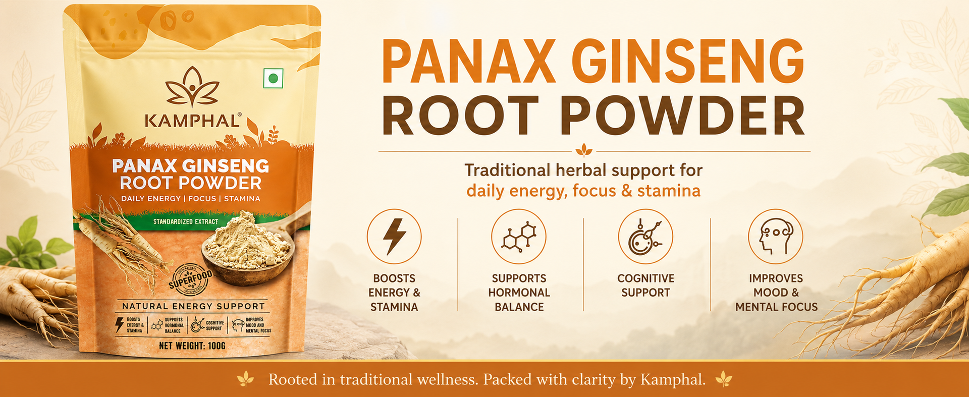 Panax Ginseng Powder 100g | Standardised Extract Korean Red Ginseng Root Powder | Supports Energy, Stamina & Focus | Cognitive Support | Natural Herbal Supplement for Men & Women