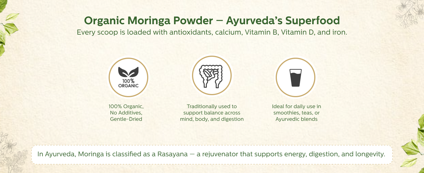 Maharishi Ayurveda Organic Moringa Powder - 100g Pack of 1 Certified Organic Moringa Churna from Pure Moringa Leaves for Skin & Hair Health, Detoxification and Natural Source of Protein