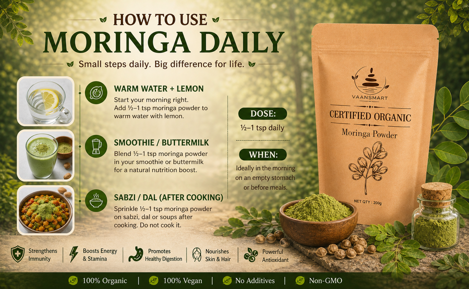 Organic Moringa Powder 200g | Certified Organic Drumstick Leaf Powder | Vegan, Non-GMO, Gluten Free Superfood