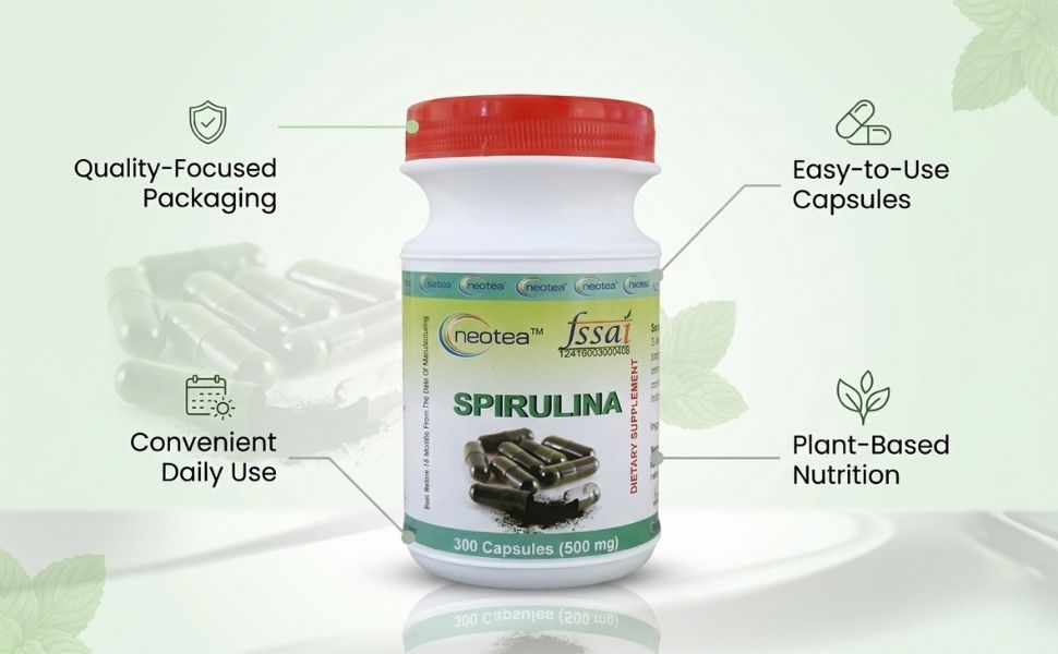Neotea Spirulina 500mg - 300 Veg Capsules | Blue Green Algae Superfood Supplement | Supports Daily Energy, Immunity & Wellness | Non GMO