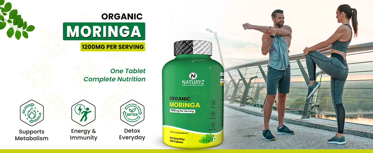 NATURYZ Organic Moringa Highest Strength 1200mg tablets | Supports Energy, Vitality, Detox, Metabolism & Immunity in Men & Women | Non-GMO, Vegan, Gluten-Free | USDA Organic Certified | Pesticides & Chemical Free – 60 Veg tablets