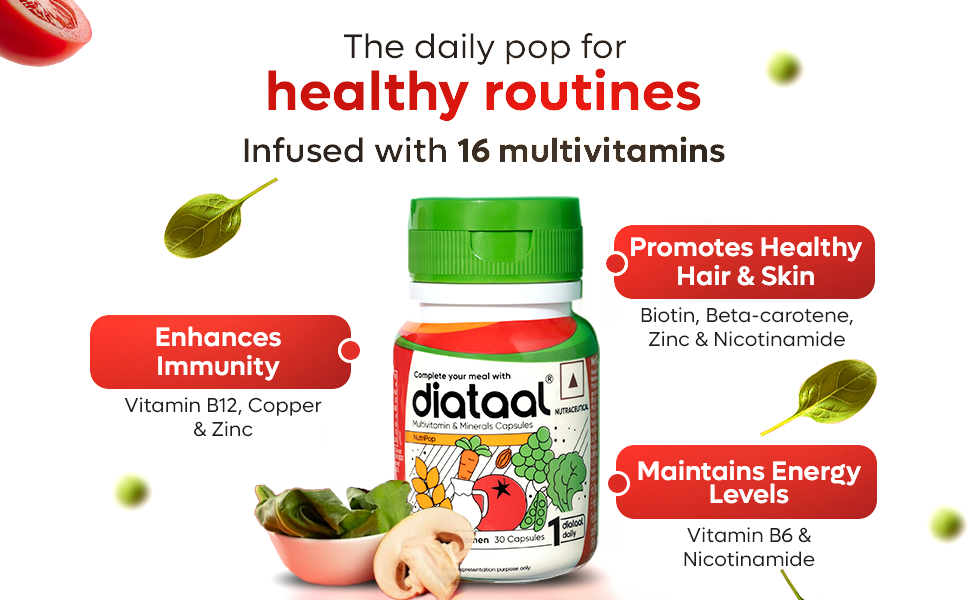 Diataal Multivitamin with Biotin, B12, Niacin, Zinc & Folic Acid | Daily Supplement for Hair, Skin, Immunity & Energy | Men & Women | 30 Capsules |Pack of 6|
