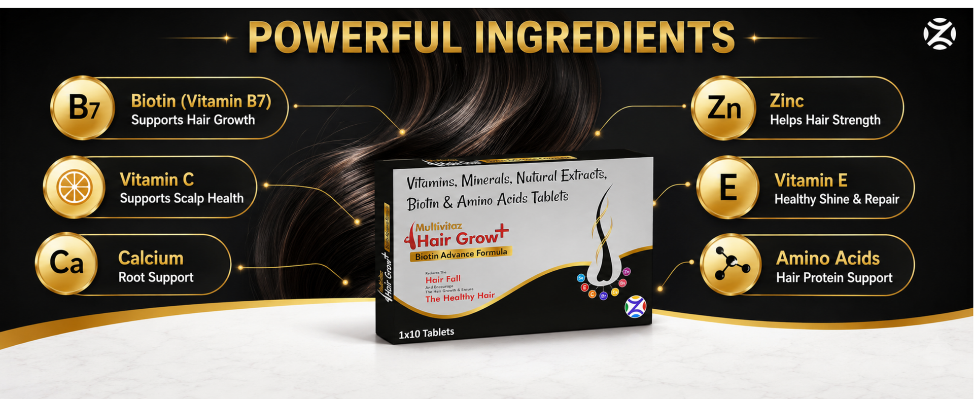 ZEAL PHARMACURE Hair Vitamins Tablets for Growth & Thickness | Biotin, Vitamins, Minerals & Amino Acids | Hair Fall Control Supplement for Men & Women | Multivitaz Hair Grow+ Vegitarian Tablets (30 TABLET)