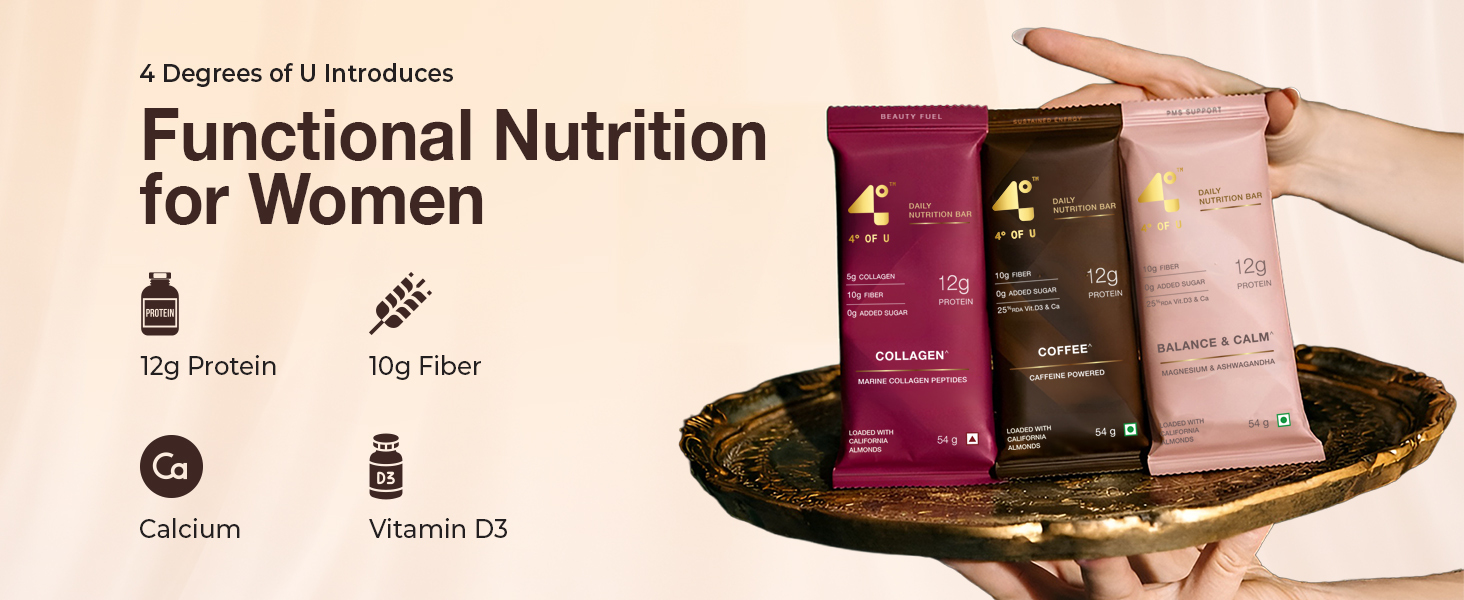 4 Degrees of U Women’s Wellness Protein Bar, Dark Chocolate | 12g Protein with No Added Sugar |10g High Fibre, Calcium & Vitamin D3, Pack of 3 (54g each)