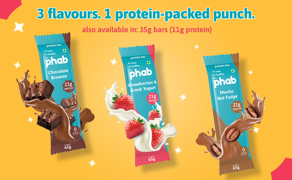 Phab Assorted Protein Bars (Chocolate, Mocha, Strawberry) 11g Protein, No Added Sugar | High Fibre, Trans Fat-Free & No Preservatives | Healthy & Tasty | GMO Free (Pack of 6 x 35g)