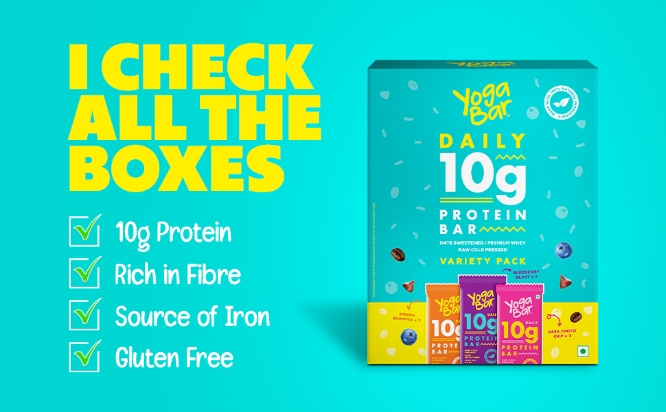 Yogabar Variety Pack 10 grams Protein Bars [Pack of 6], Pro-Blend & Premium Whey,100% Veg, Rich Protein Bar with Date, Vitamins, Fiber, Energy & Immunity for fitness.