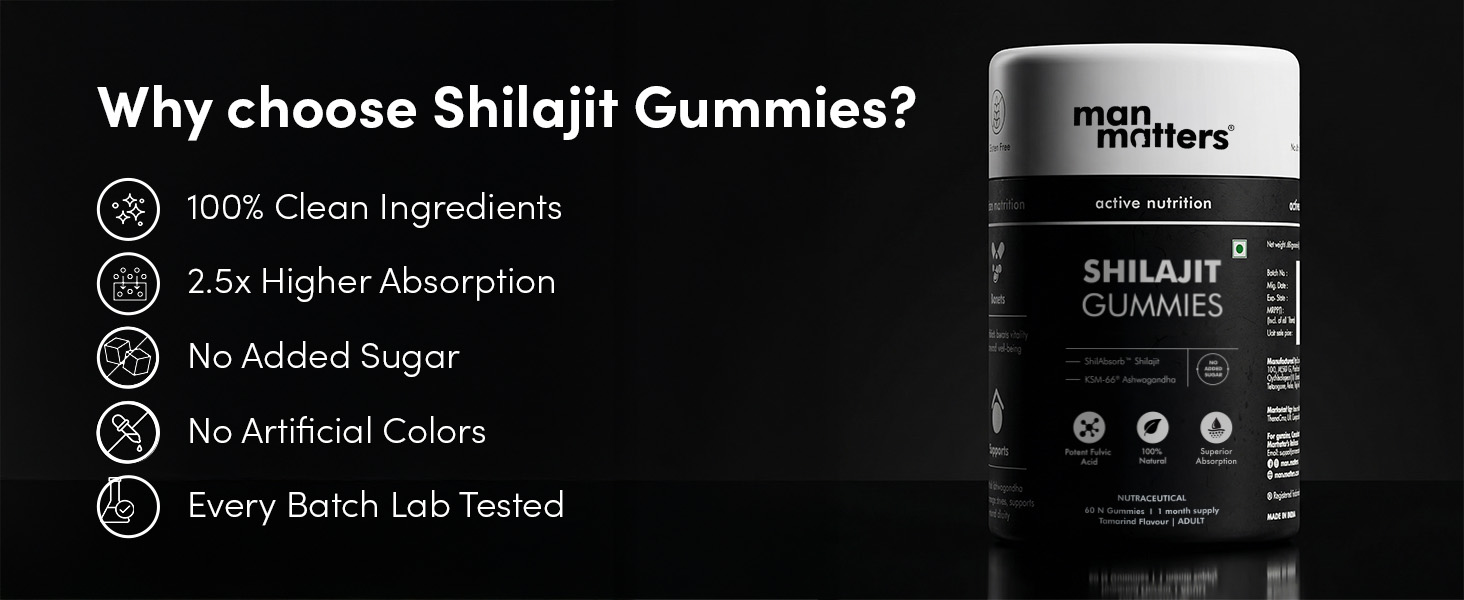 Man Matters Pure Shilajit/Shilajeet Gummies with Lab-Tested Fulvic Acid & KSM 66 Ashwagandha | Boosts Fitness, Improves Energy Levels & Helps Manage Stress | Pack of 60