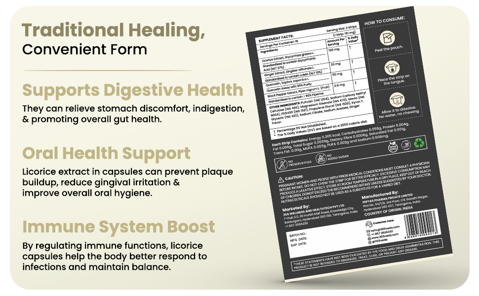 Mulethi (Licorice/Yashtimadhu) Oral Strips with Quercetin & Ginger Extract | Throat Relief, Voice Clarity & Respiratory Support | Sugar Free, Vegan | High Absorption| More Bioavailable| 30 Dissolvable Oral Strips